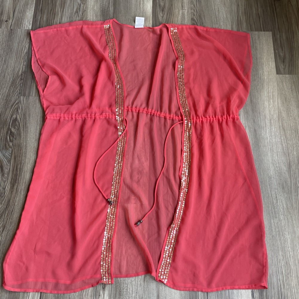 2000's Y2K Coral‎ Pink Sequined Cover Up Shrug Kimono Sheer One Size Adjustable - Picture 2 of 6